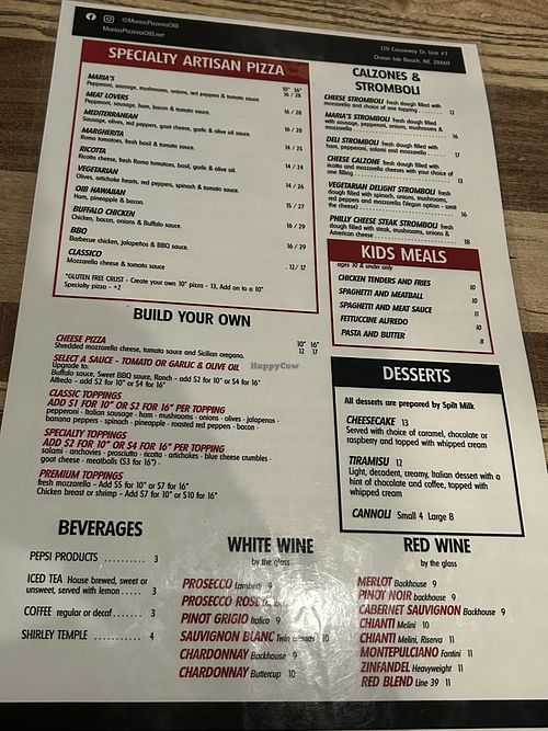 Menu #2  at Maria's Pizzeria in Ocean Isle Beach