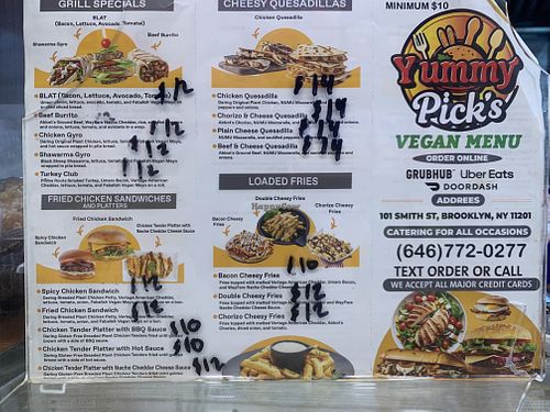 Vegan menu showing many sandwiches, bowls, etc  at Yummy Picks Deli in Brooklyn