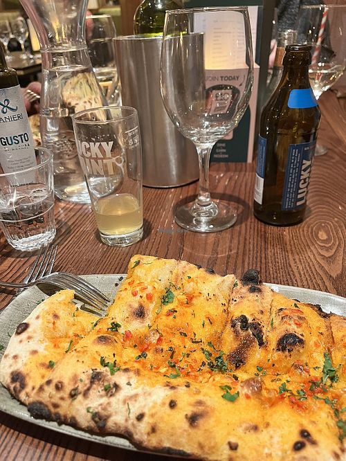 focaccia piccante and vegan alcohol free lagerr  at Amarone in Glasgow
