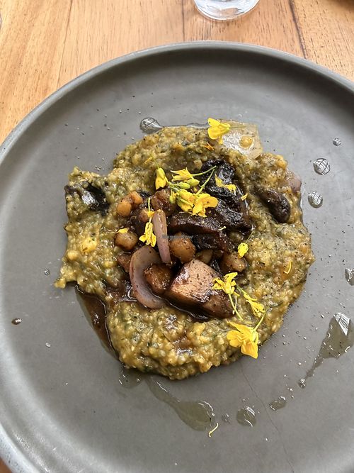 Polenta with mushrooms, and root vegetables   at Prudencia in Bogota