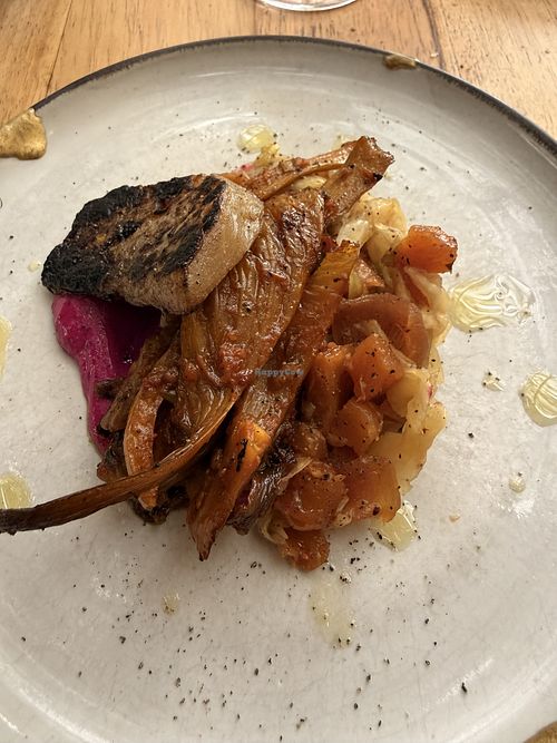 Sautéed vegetables, with kimchi, and mashed beet and cauliflower   at Prudencia in Bogota