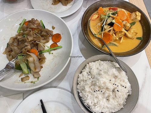 Pad see ew and red curry with coconut ricee  at Let's Eat Thai Katoomba in Katoomba