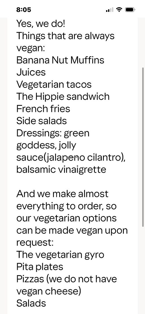 Email from restaurant with vegan options   at TallGrass Bar and Grill in Harrison