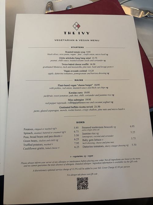 Well labeled vegan options   at The Original Ivy, West End in London