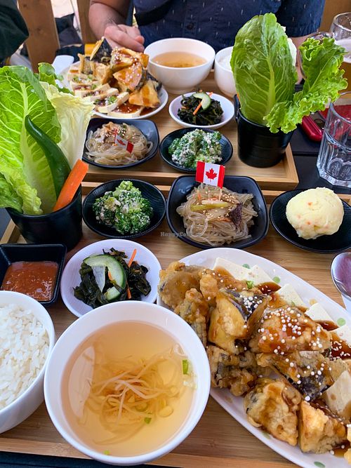 Dubu Gaji, tofu and eggplant dish with banchan, soup and lettuce for making wraps  at The Bop in Victoria