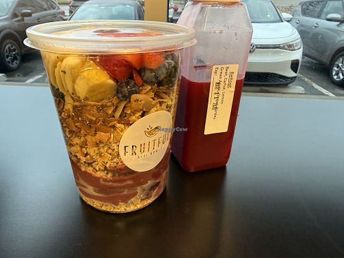 Açaí bowl and juice  at Fruitful Acai Bowls in Lawrence