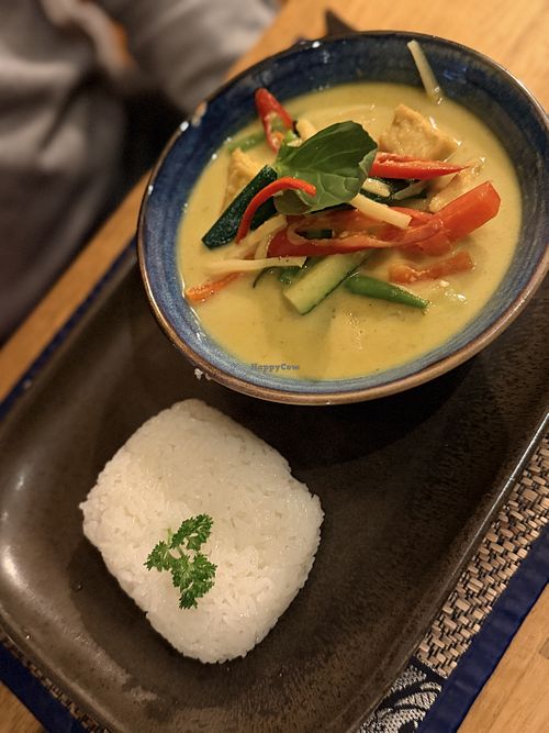 Thai green curry with tofu and sticky ricee  at NUSARA l Thai in Bournemouth