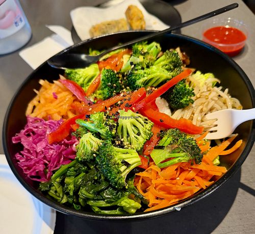 Vegetable Bibimbap (rice with assorted vegetables—omit egg and sauce if needed) at Cafe Moon in Kihei