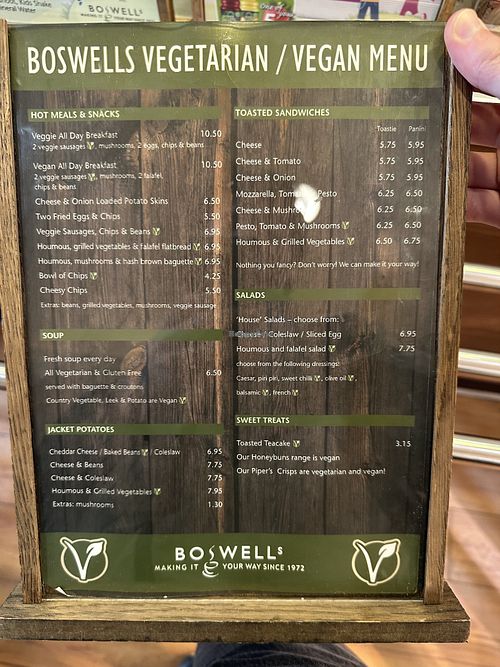 Vegetarian/vegan menu hidden inside. Vegan ones with the icon  at Boswells Cafe in Newport