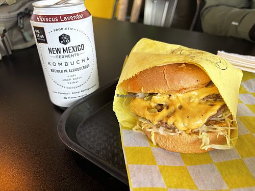 Hibiscus Lavender kombucha and a New Mexico Style Burger.  at Lucky Goose in Albuquerque