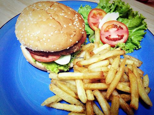 Veggie burger with french fries... Yummy!!! at Mea Nuu Vegetarian Food in Pattaya