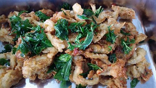 Fried mushrooms with basil leaves at Mea Nuu Vegetarian Food in Pattaya