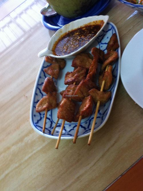Chicken Satay (veggie protein) with peanut sauce... wow!! at Mea Nuu Vegetarian Food in Pattaya