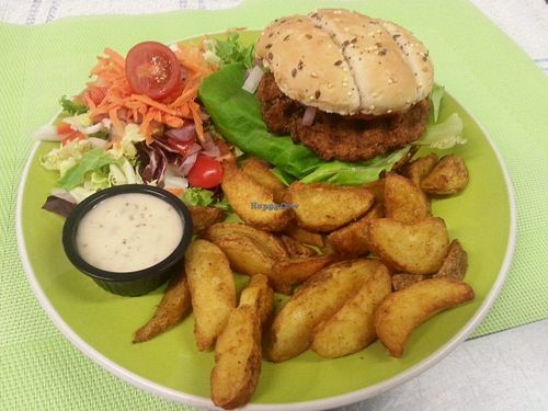 Homemade Quinoa, Red Lentil, Bean Burger. Vegan, Gluten Free at Bubble Tea Paradise Healthy Cafe in Limerick