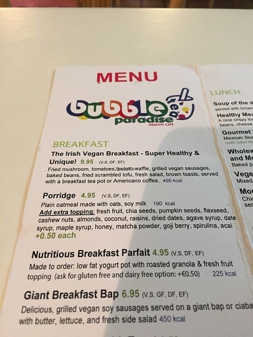 Menu at Bubble Tea Paradise Healthy Cafe in Limerick