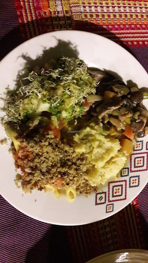 El plato fuerte compuesto por pure de papa, ensalada fresca con germinados, champiñones y una pasta con salsa casera napolitana y quinoa  at Espiritu Libre in Medellin