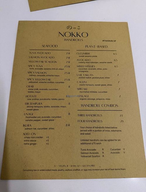 Handroll Menu at Nokko in Minneapolis