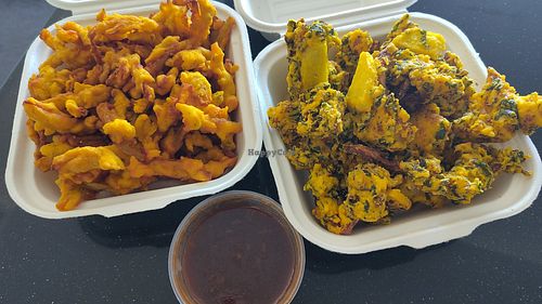 Vegetable pakora and onion bhaji at The Turmeric Cuisine of India in Napier