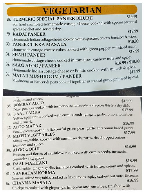 Menu at The Turmeric Cuisine of India in Napier