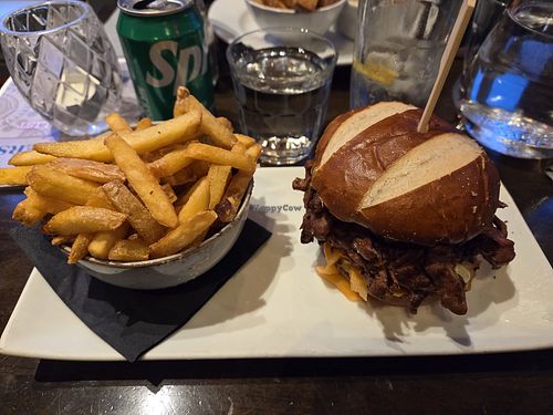 Vegan bhaji burger and chips at Weavers in Paisley