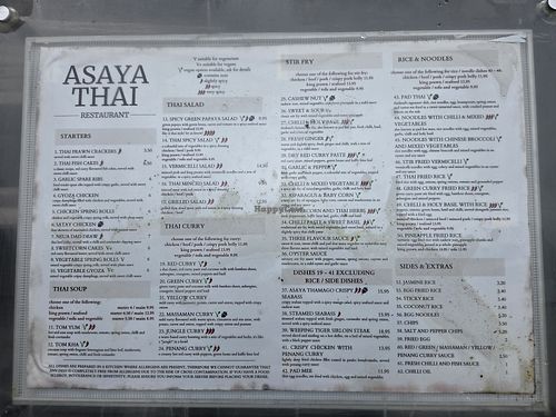 Menu outside the restaurant at Asaya Thai Restaurant in Keswick