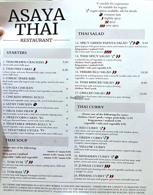 Menu front at Asaya Thai Restaurant in Keswick