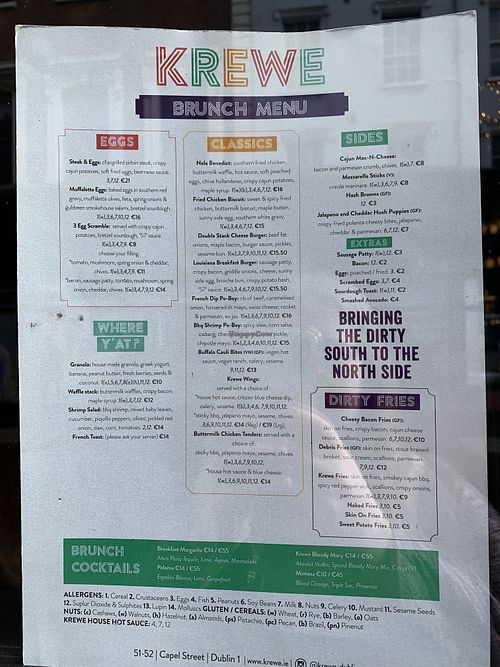 Brunch menu  at Krewe North in Dublin