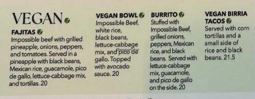 Vegan menu  at Pepe's Cantina Port St. Lucie in Port St Lucie