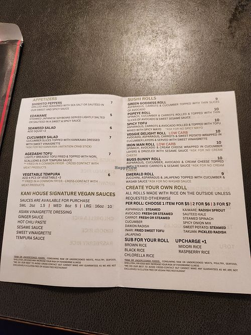 Vegan menu at Kani House - Dawsonville in Dawsonville