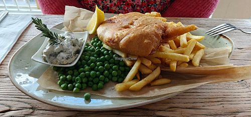 Celeriac "fish" + chips + peas + vegan tartare sauce at The Loft in Sidmouth
