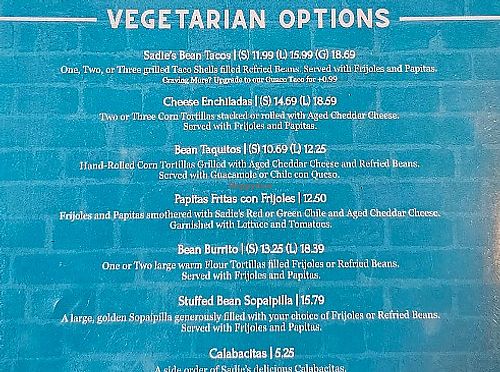 Vegetarian menu at Sadie's of New Mexico in Albuquerque