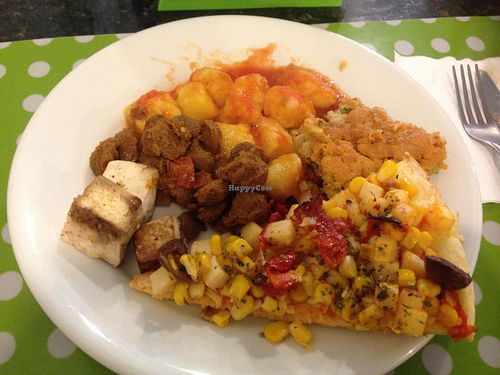 Some of the hot dishes options on Saturday: roasted tofu, vegetable pie, cassava's (mandioquinha) gnocchi, pizza, soy meat. at Vegg's Restaurante in Sao Paulo
