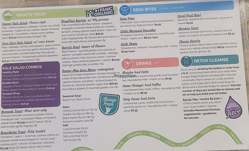 The menu. There may have been another side but I didn't take a picture. at Choice Healthy Kitchen and Juice Bar in Kihei