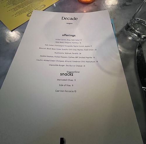 separate vegan menu at Decade in Louisville