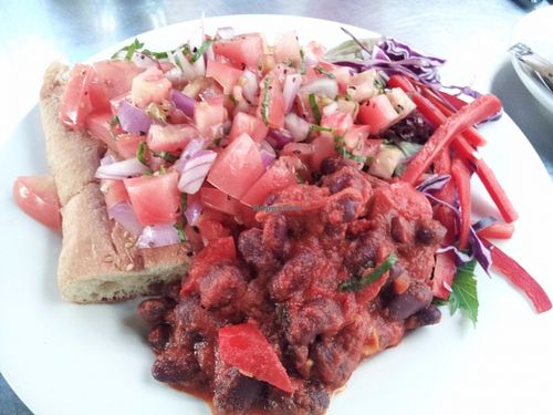 Vegan bruschetta on Turkish bread with a side of beans at Country Road Cafe in Perth