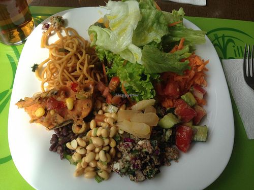 Some of the vegan salad options on a Sunday buffet: yakisoba pasta, soybeans vinaigrette, tabbouleh, couscous, lettuce, grated carrot. at Villa Natural in Santo Andre