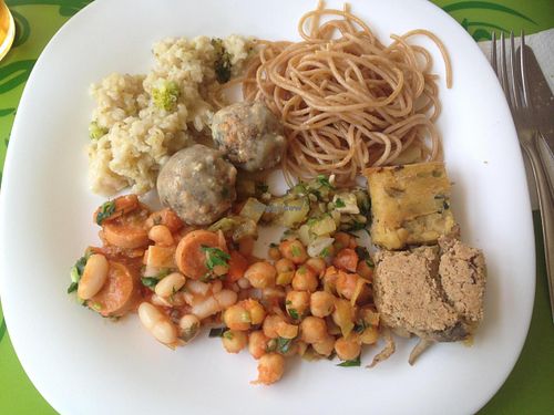 Some of the hot dishes options on a Sunday buffet: risotto, soy meatballs with chia, spaghetti, braised zucchini, shimeji pie, puchero, chickpeas with smoked tofu. at Villa Natural in Santo Andre