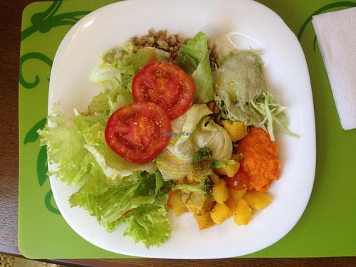 Some of the vegan salad options on a Sunday buffet: lettuce (2 types), tomato, zucchini with vegan mayo, carrot cream with macadamia nuts, broccoli with cherry tomatoes and ''mandioquinha'' (cassava). at Villa Natural in Santo Andre