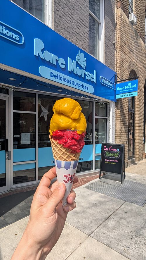 Raspberry and Tropical Sorbet Waffle Cone at Rare Morsel in Frederick