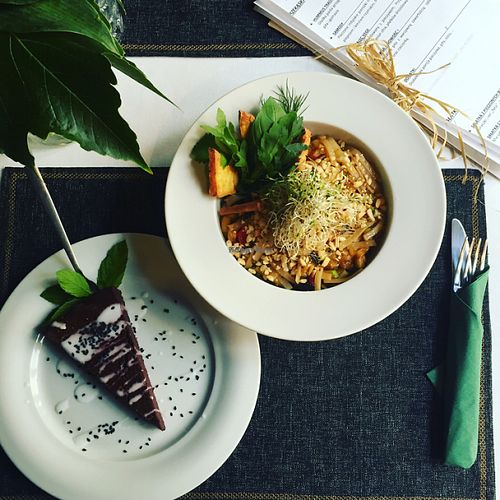 chocolate cake and rice with vegetables  at Zielona Pracownia in Poznan