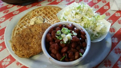 Chicken 'n waffles, jalapeño coleslaw, red beans & rice at Soul Groove in San Francisco