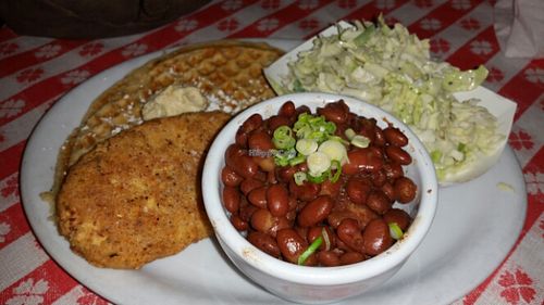 Chicken 'n waffles, jalapeño coleslaw, red beans and rice at Soul Groove in San Francisco