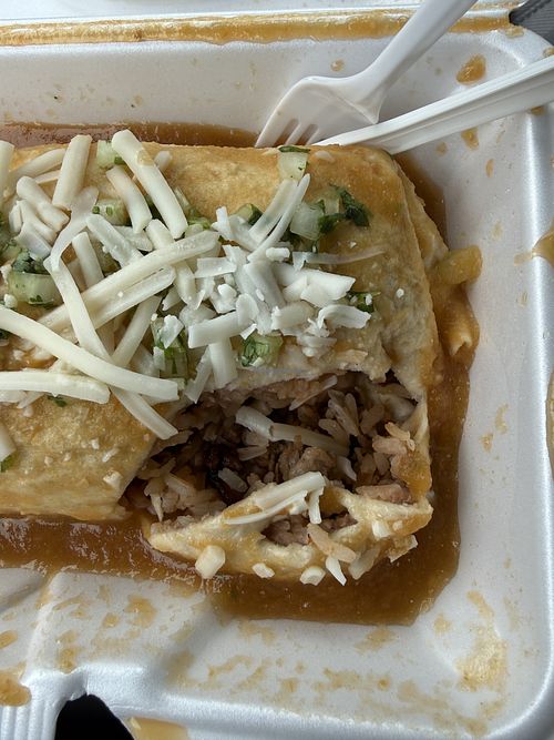 Vegan smothered burrito with vegan Asada made spicy!  at KBee's La Cocina De Mama in Aurora