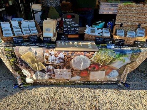 Our stall with free samples every market at Earthy Vegan Cheese in Edinburgh