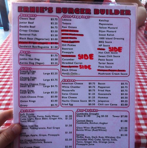 'Burger builder' (menu) at Ernie's Burgers in Sihanoukville