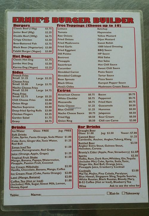 menu at Ernie's Burgers in Sihanoukville