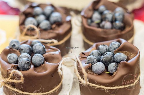 Chocolate 'logs' with wild blueberries and belgian chocolate base. at Soma Vital Food in Sofia