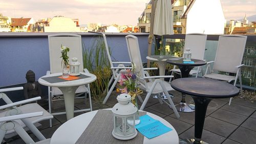 The beautiful panorama terrase on the 5th floor at Soma Vital Food in Sofia