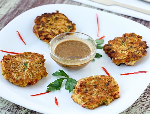 One of my favorite ones- vegetable vegan schnitzels with homemade peanut butter dip with soya sauce, coconut milk, cooked in grapeseed oil,mmmm! at Soma Vital Food in Sofia
