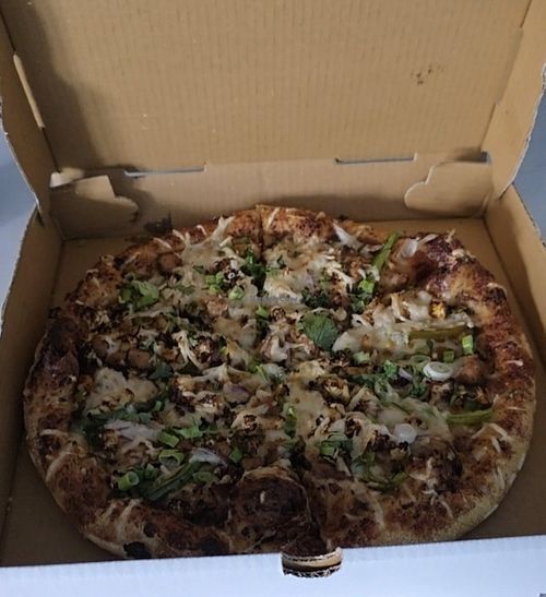 Soy Manchurian pizza with vegan cheese at Desi Boys Pizza in Chicago